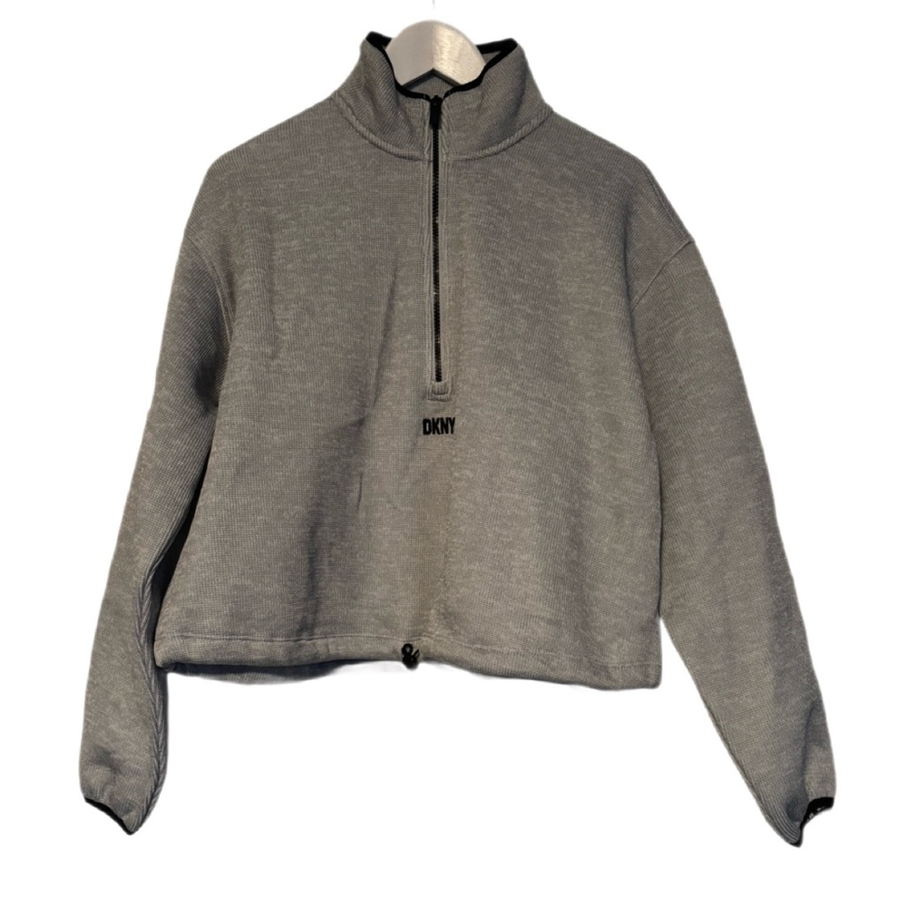DKNY Women’s Cropped Half-Zip Fleece Pullover – Pearl Heather Gray – Size Large